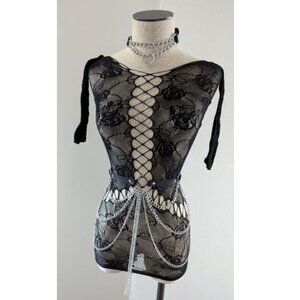 Rose Print Lace Mesh Fishnet Lingerie Mini Dress 3/4 Sleeve Rave / Festival Set